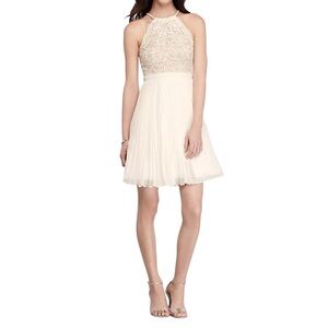 Xcape Lace Halter Pleated Skirt Dress Women Size 8 Elegant White Lined Bridal